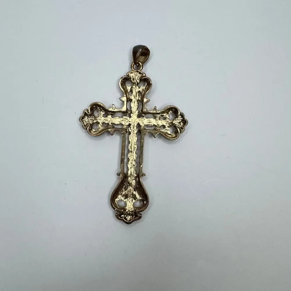 Vtg Renaissance Revival Amber & Champagne Rhinestone Large Filigree Cross Charm